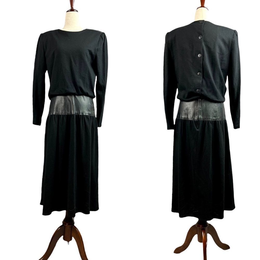 Vintage 80s Samuel Blue Jersey Wool Dress Leather Trimmed Waist Made in USA